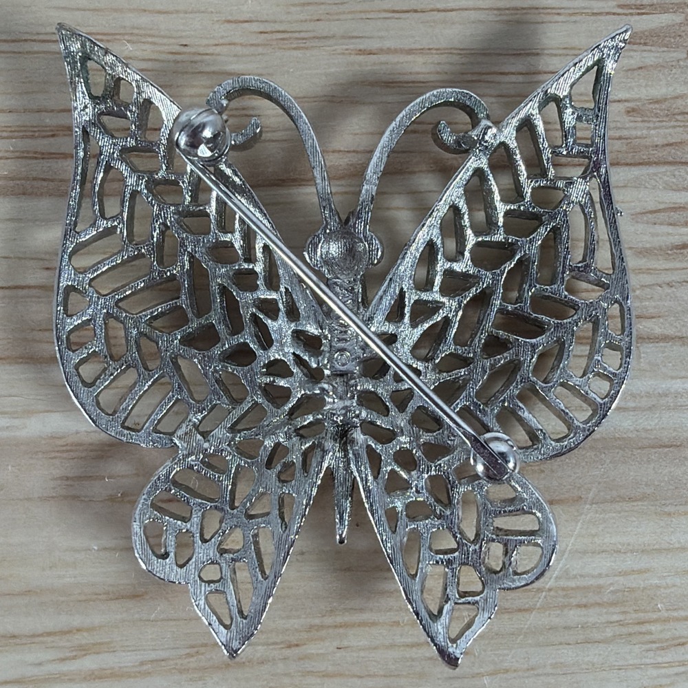 Avon Butterfly Pin Brooch Silver Gold Tone With Blue Rhinestone Eyes Vintage - Picture 4 of 5